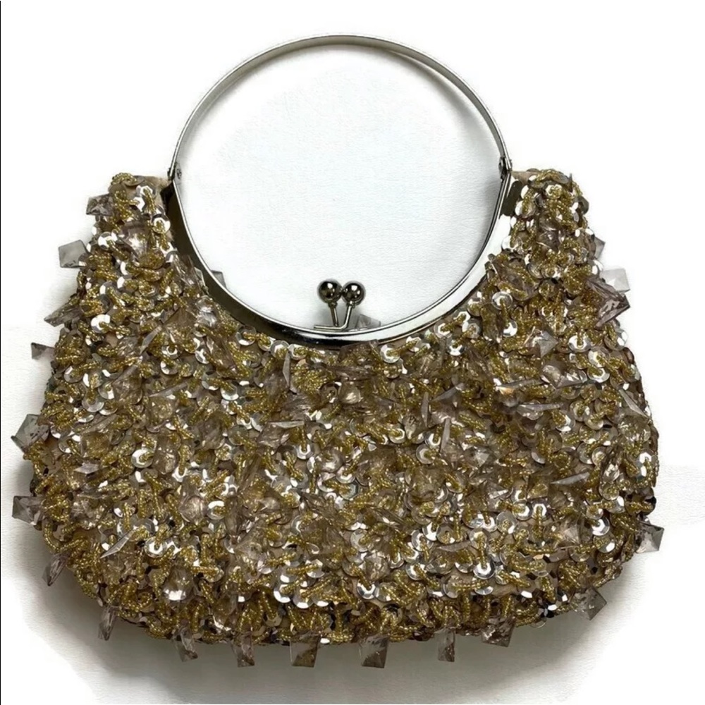 Kiss Lock Clutch Handbag Women Gold Sequin & Bead Crystals Cocktail Small Purse